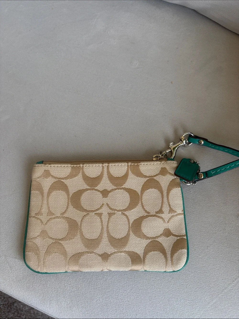 Coach Tan Signature Canvas Wristlet with Teal Leather Trim